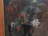 a painting of flowers in a black vase on a table