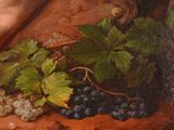 a painting of grapes on a table with a person ' s hand