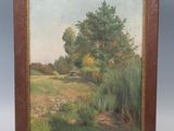 un tableau représentant un paysage avec des arbres et de l'herbe au premier plan