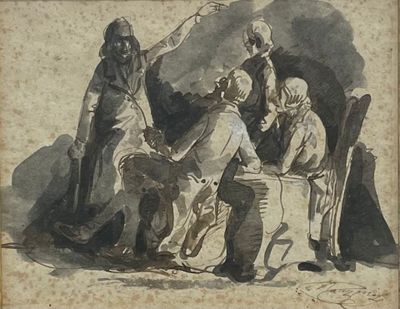 Ecole de la fin du XIXe La réunion Encre et aquarelle Porte …