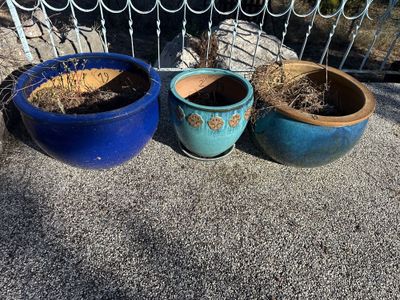 trois pots contenant des plantes, posés sur un banc