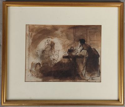 tableau représentant un homme assis à une table devant un mouton