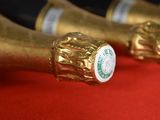 bottles of champagne are lined up in a row on a red surface