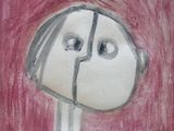 tableau représentant une personne à la tête brisée, sur fond rose