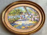 a picture of a painting of a family in a garden