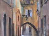 painting of an alleyway in an old town with a man walking down the street