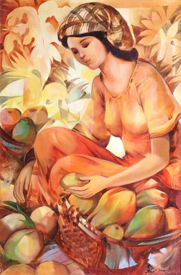 un tableau représentant une femme assise devant une corbeille de fruits