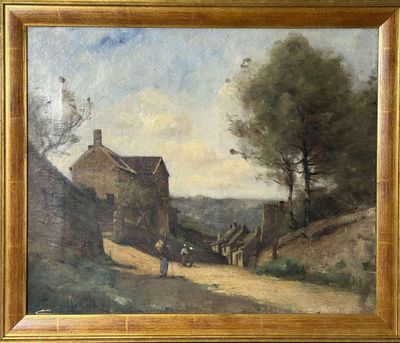 une image représentant un tableau illustrant une scène de village avec une calèche tirée par un cheval