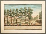 an old painting of a large building with a lot of people walking around it