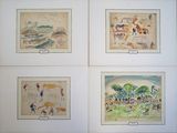 four framed watercolor paintings of people and animals in a field