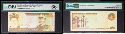 three different types of currency are on display in a display case