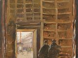 an oil painting of two people walking out of a building