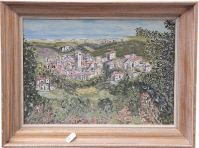 painting of a view of a small town in a wooden frame