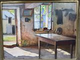un tableau représentant une pièce avec une table et une chaise