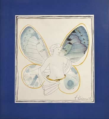 painting of a butterfly with blue wings in a blue frame
