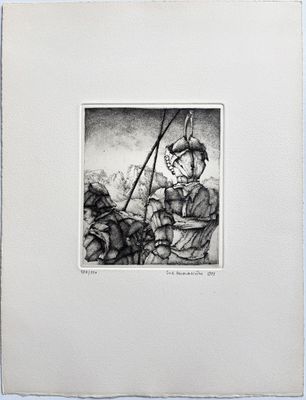 un dessin en noir et blanc représentant un homme à cheval dans un champ