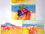 three watercolor paintings of a woman and a child on a beach