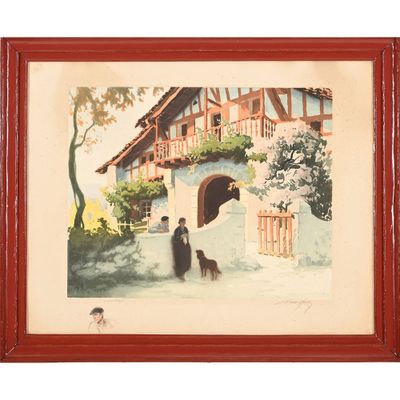 aquarelle encadrée représentant une femme et son chien devant une maison