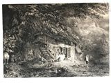 un dessin en noir et blanc représentant une maison dans les bois