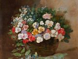 tableau représentant un panier de fleurs posé sur une table recouverte d'une nappe