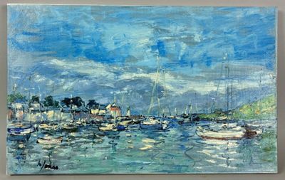 une peinture représentant une scène portuaire avec des bateaux sur l'eau