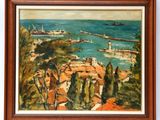 une peinture à l'huile représentant une vue d'un port avec des bateaux sur l'eau