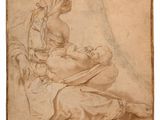 un dessin représentant une femme tenant un enfant sur ses genoux