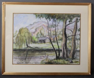 framed watercolor painting of a willow tree and a house by a lake