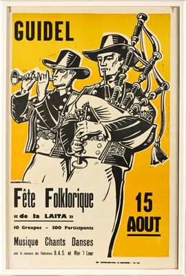 une vieille affiche présentant un groupe de musiciens sur un fond jaune et noir