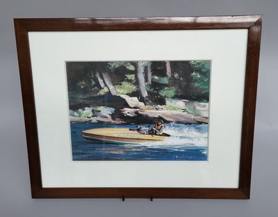 painting of a man on a speed boat in the water