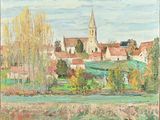 an oil painting of a village with a church in the background