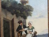 tableau représentant un homme et une femme marchant dans la rue avec un chien