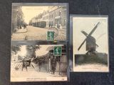three old postcards of a windmill and a man riding a bike