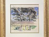 an image of a watercolor painting of trees in a field
