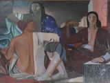 un tableau représentant un homme et une femme assis sur un lit