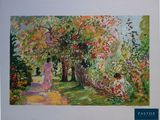 un tableau représentant une femme marchant sur un sentier dans un jardin