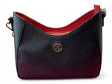 un sac à main noir et rouge orné d'un logo doré sur le devant