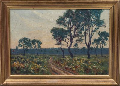 an image of a painting of trees and a dirt road in a field