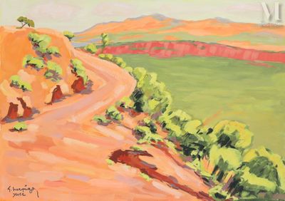an oil painting of a dirt road winding through a green valley