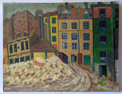 painting of a painting of a street scene with buildings in the background