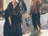 a painting of a man and a woman walking down the street