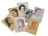 six dessins au crayon de couleur représentant une femme et un homme