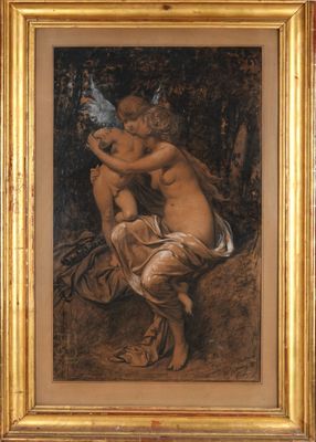 Ecole française du XIXe siècle Jeune femme nue enlaçant un p… - Photo 1