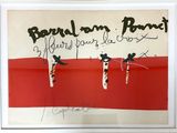 photo encadrée représentant une image rouge et blanche sur laquelle figure une inscription