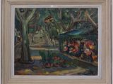 an oil painting of a street scene with people sitting at tables