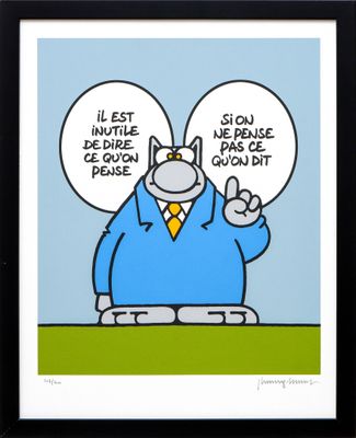 dessin humoristique représentant un homme en costume avec deux bulles de dialogue sur la tête