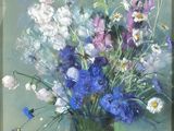 a painting of flowers in a vase on a table