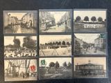 several old black and white photographs of people in a town