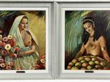 two paintings of women with fruit and flowers in a white frame