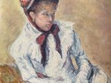 an oil painting of a woman sitting on a chair with a hat on